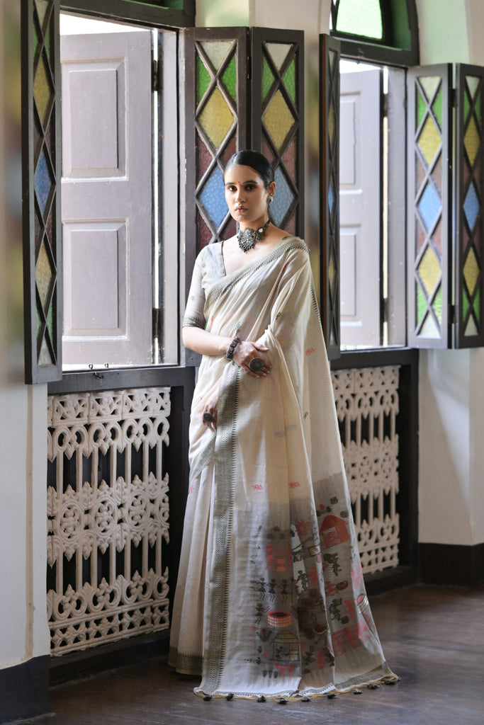Off-White Handloom Cotton Saree with Tribal Art Print Grey Border