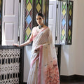 Off-White Handloom Cotton Saree Pink Border Traditional Printed Pallu