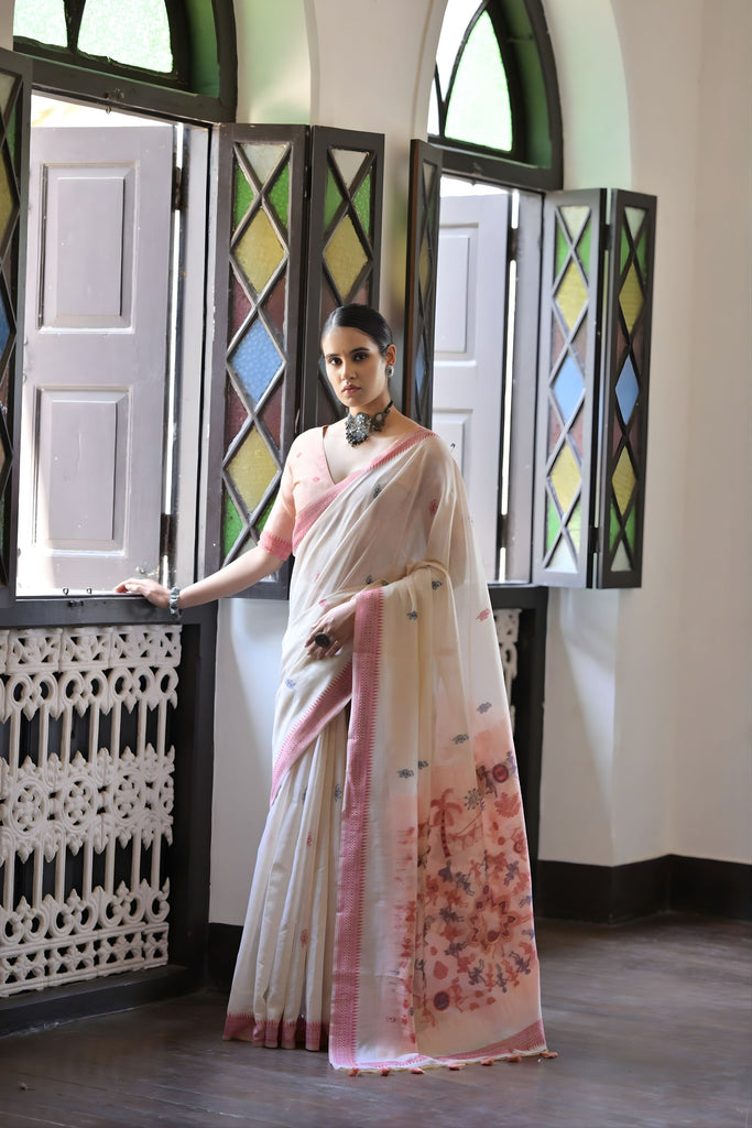 Off-White Handloom Cotton Saree Pink Border Traditional Printed Pallu