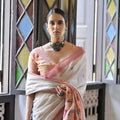 Off-White Handloom Cotton Saree Pink Border Traditional Printed Pallu