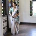 Off-White Handloom Cotton Saree Blue Border Printed Pallu