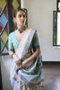 Off-White Handloom Cotton Saree Blue Border Printed Pallu