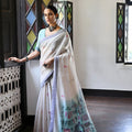 Off-White Handloom Cotton Saree Blue Border Printed Pallu