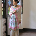 Off-White Handloom Cotton Saree Pink Border Printed Pallu