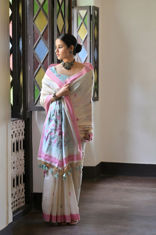 Off-White Handloom Cotton Saree Pink Border Printed Pallu