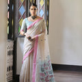 Off-White Handloom Cotton Saree Pink Border Printed Pallu