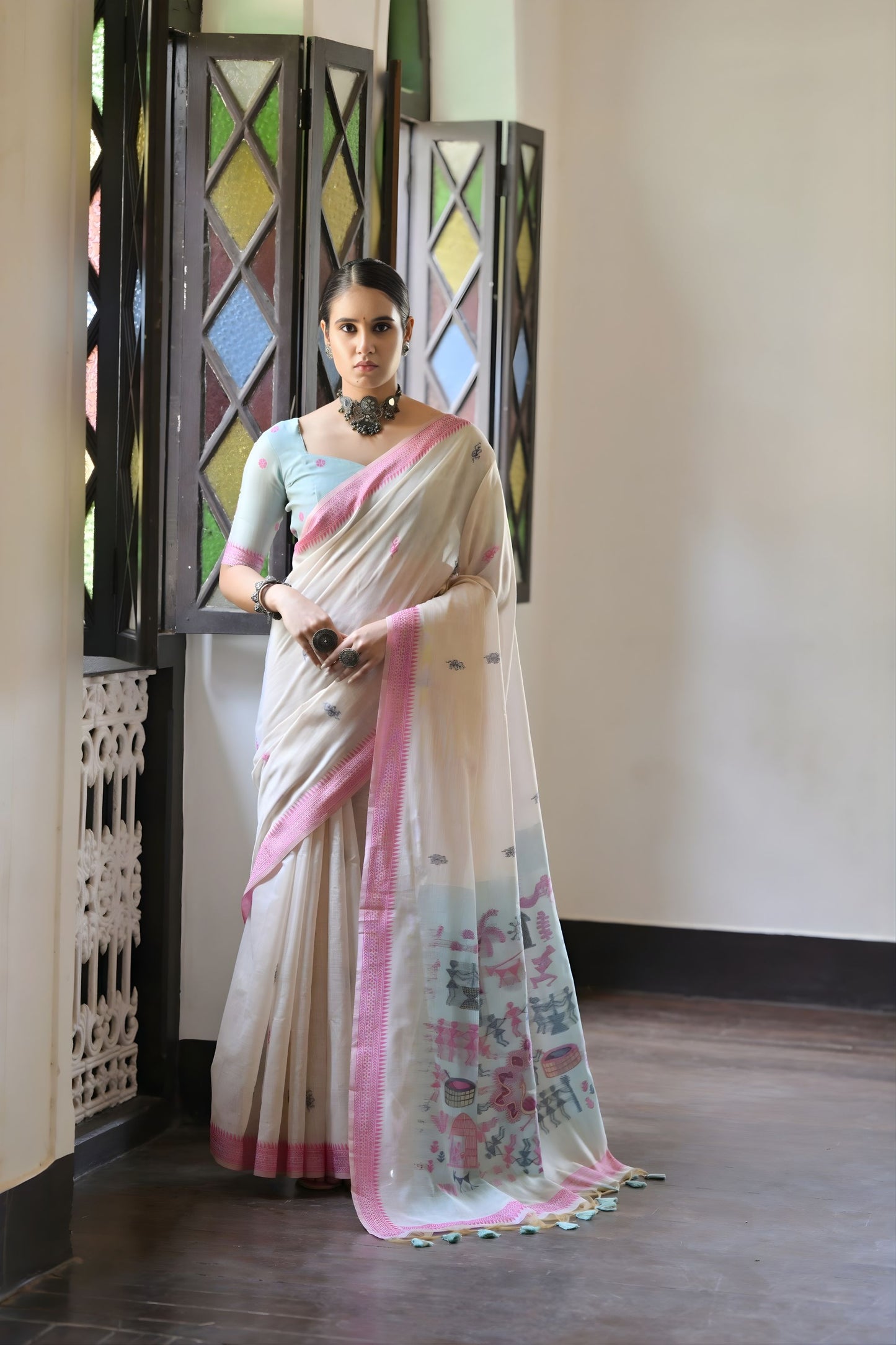 Off-White Handloom Cotton Saree Pink Border Printed Pallu