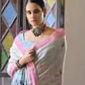 Off-White Handloom Cotton Saree Pink Border Printed Pallu