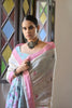 Off-White Handloom Cotton Saree Pink Border Printed Pallu