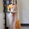 Elegant Off-White Handloom Cotton Saree Pink Border Yellow Pallu
