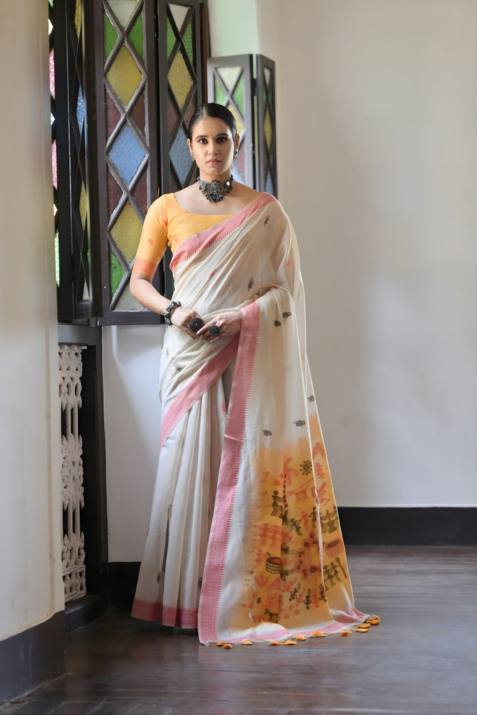 Elegant Off-White Handloom Cotton Saree Pink Border Yellow Pallu