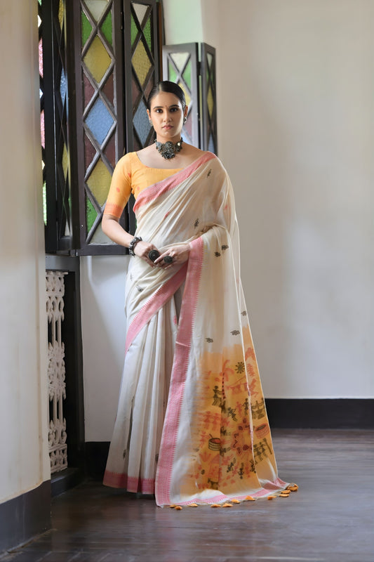 Elegant Off-White Handloom Cotton Saree Pink Border Yellow Pallu