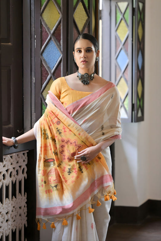 Elegant Off-White Handloom Cotton Saree Pink Border Yellow Pallu