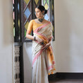 Elegant Off-White Handloom Cotton Saree Pink Border Yellow Pallu