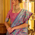 Blue And Pink with Traditional Woven Border Festive Wear