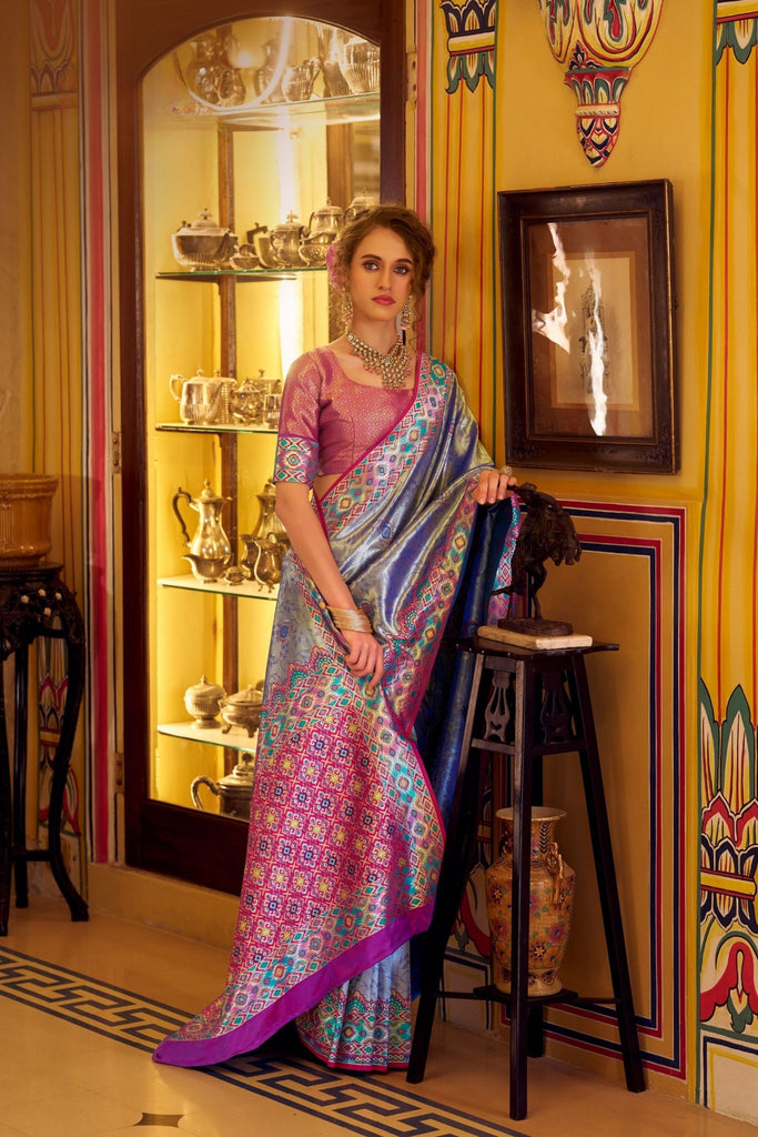 Blue And Pink with Traditional Woven Border Festive Wear