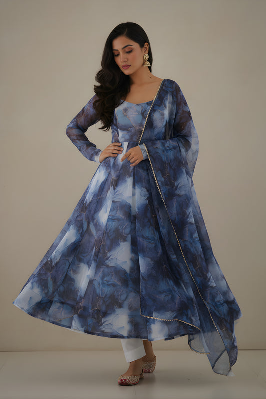 Elegant Blue Abstract Printed Readymade Salwar Suit with Matching Dupatta