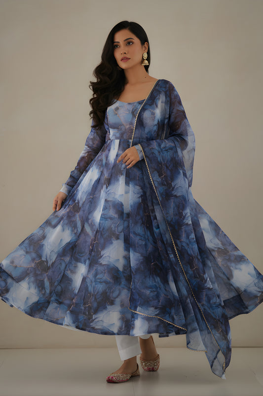 Elegant Blue Abstract Printed Readymade Salwar Suit with Matching Dupatta