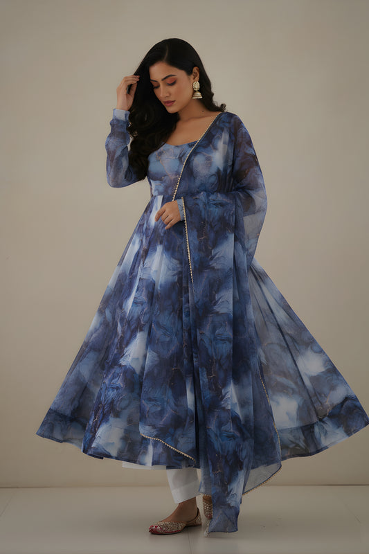 Elegant Blue Abstract Printed Readymade Salwar Suit with Matching Dupatta