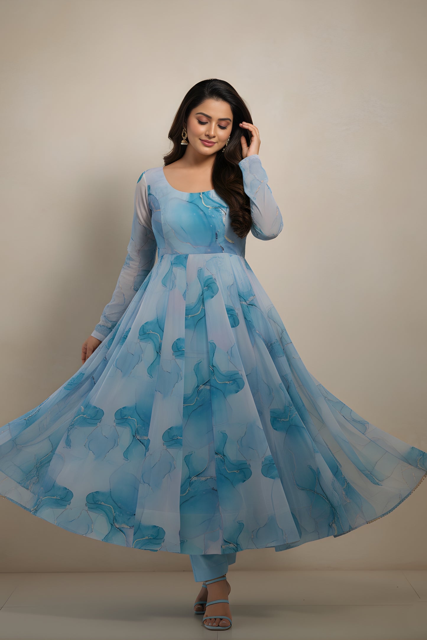 Graceful Aqua Blue Abstract Printed Readymade Salwar Suit with Matching Dupatta