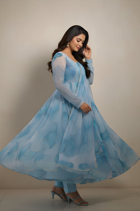 Graceful Aqua Blue Abstract Printed Readymade Salwar Suit with Matching Dupatta