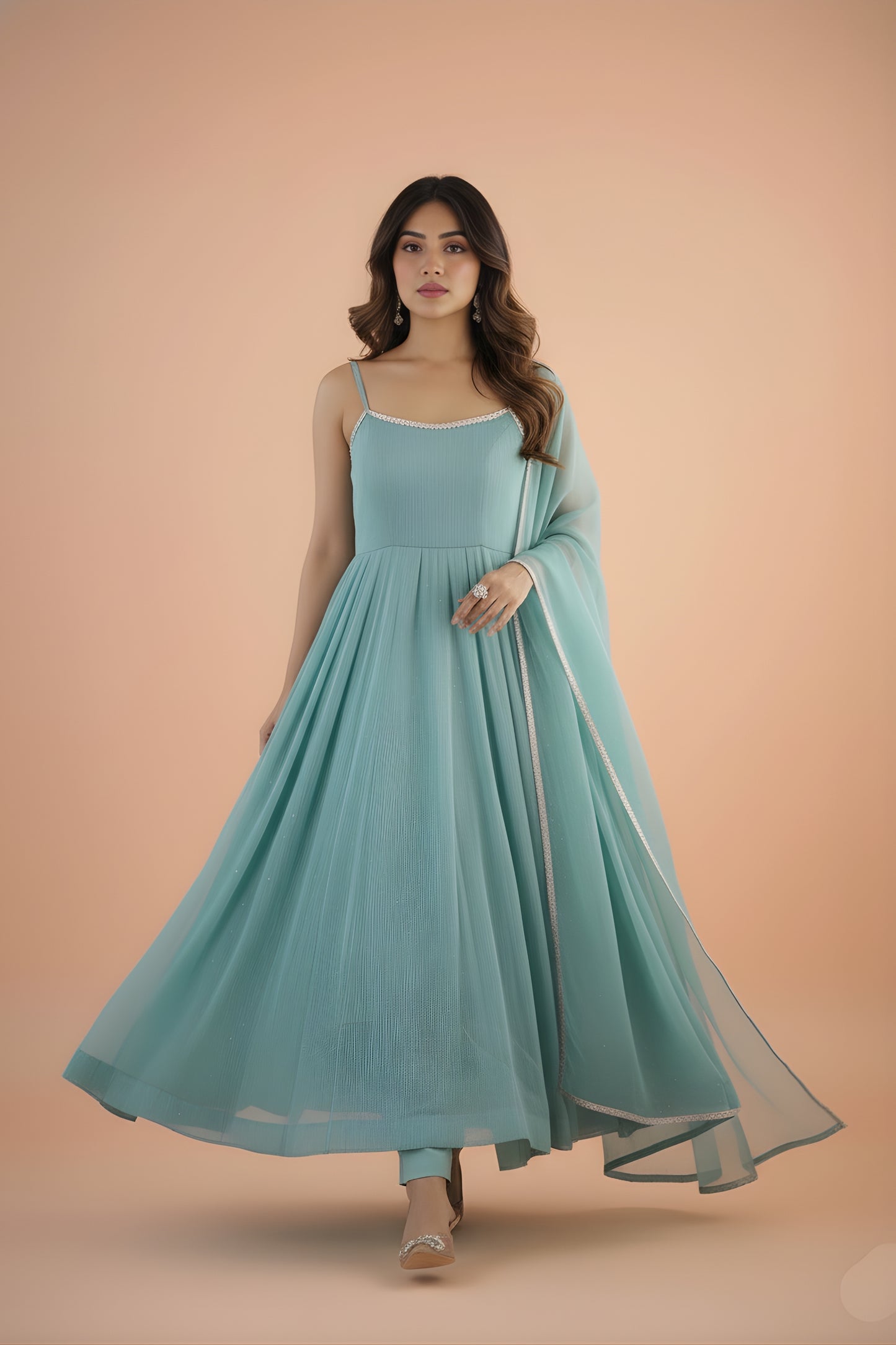 Stylish Mint Green Readymade Salwar Suit with Flared Kurta and Matching Dupatta