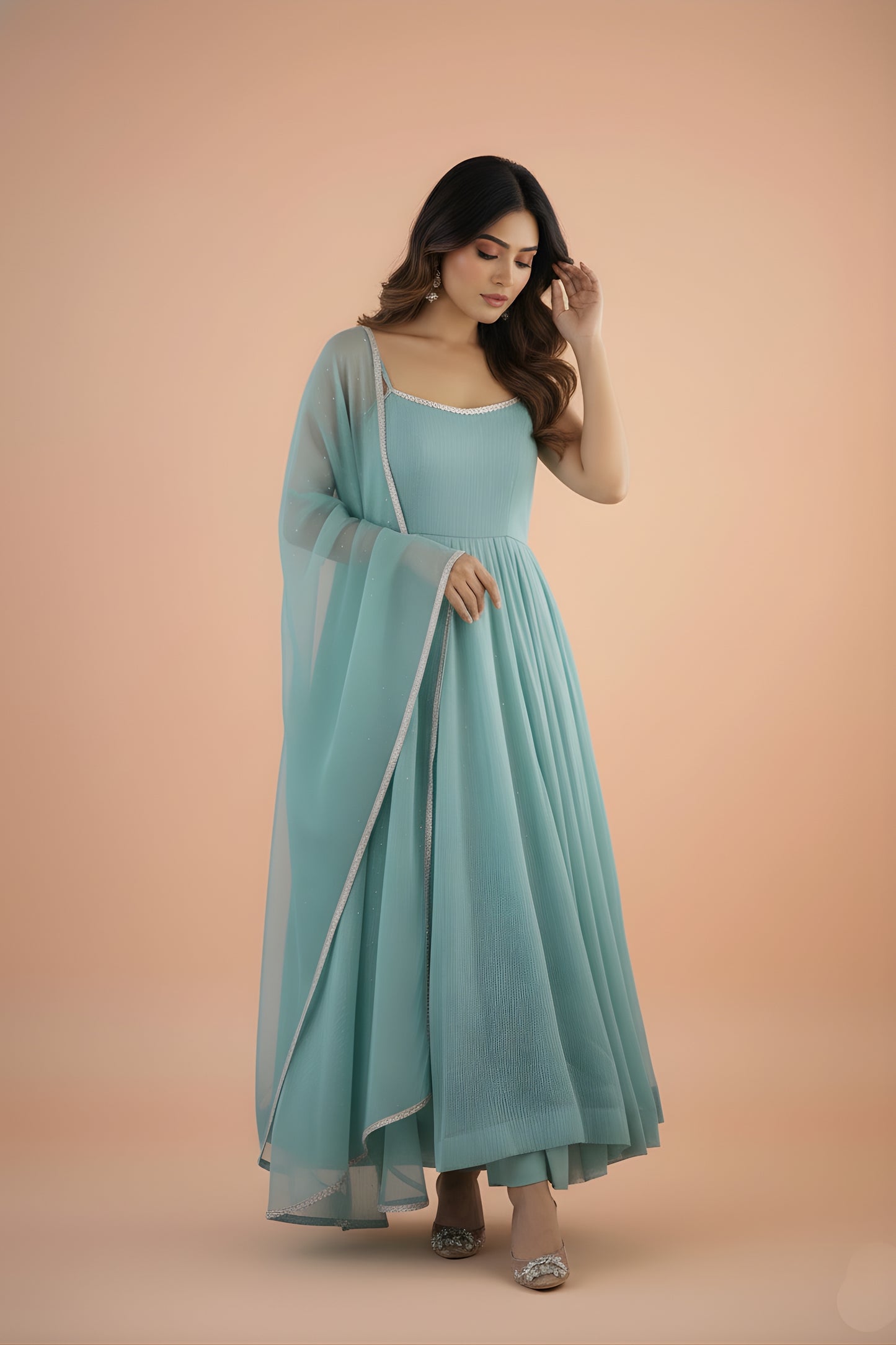 Stylish Mint Green Readymade Salwar Suit with Flared Kurta and Matching Dupatta