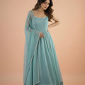 Stylish Mint Green Readymade Salwar Suit with Flared Kurta and Matching Dupatta