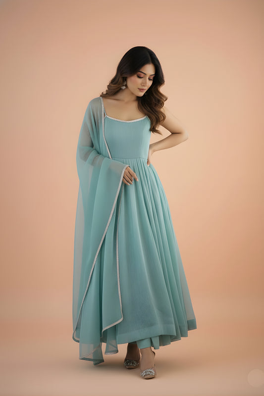 Stylish Mint Green Readymade Salwar Suit with Flared Kurta and Matching Dupatta