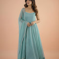 Stylish Mint Green Readymade Salwar Suit with Flared Kurta and Matching Dupatta