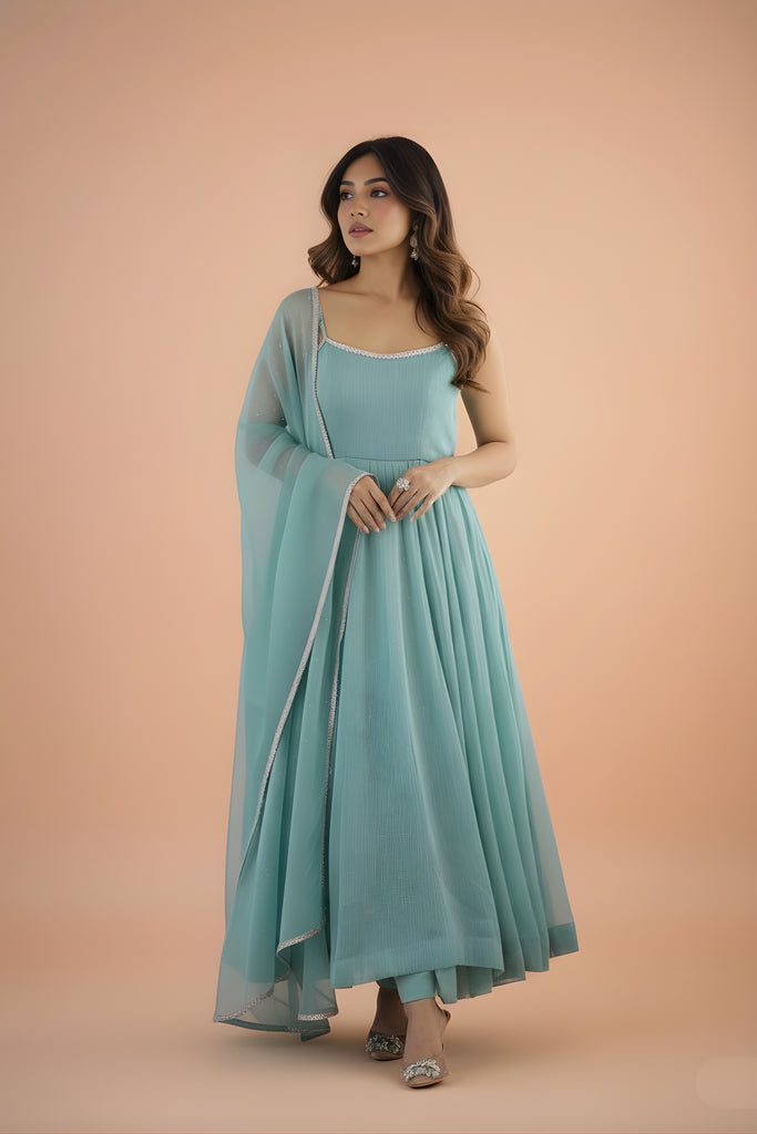 Stylish Mint Green Readymade Salwar Suit with Flared Kurta and Matching Dupatta