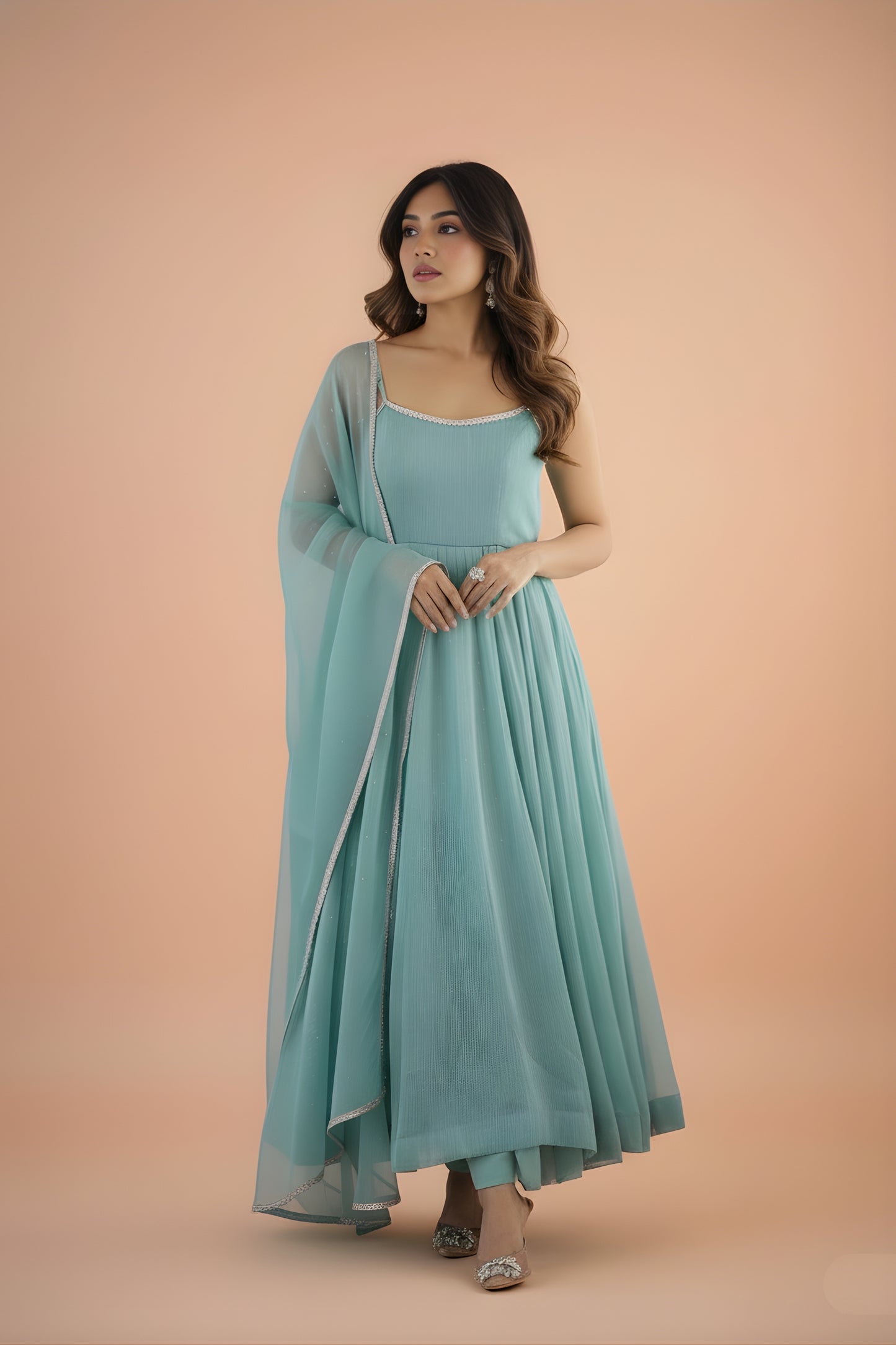 Stylish Mint Green Readymade Salwar Suit with Flared Kurta and Matching Dupatta