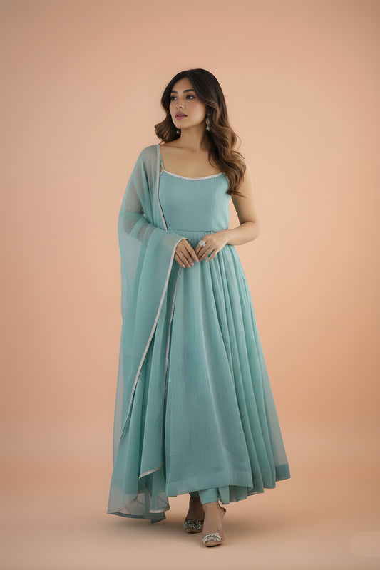 Stylish Mint Green Readymade Salwar Suit with Flared Kurta and Matching Dupatta