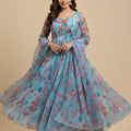 Trendy Sky Blue Floral Printed Readymade Salwar Suit with Flared Kurta and Matching Dupatta