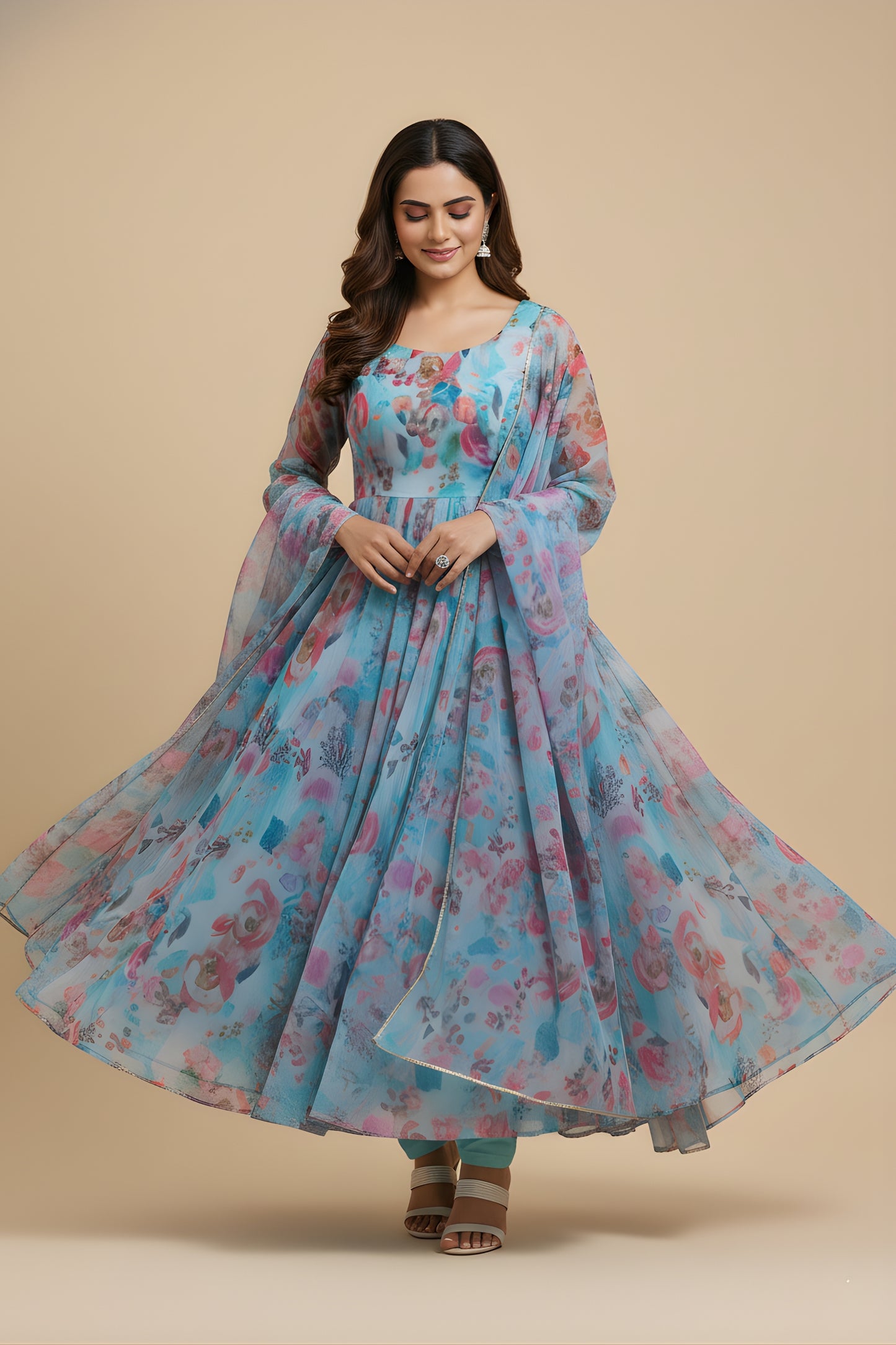 Trendy Sky Blue Floral Printed Readymade Salwar Suit with Flared Kurta and Matching Dupatta