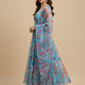 Trendy Sky Blue Floral Printed Readymade Salwar Suit with Flared Kurta and Matching Dupatta