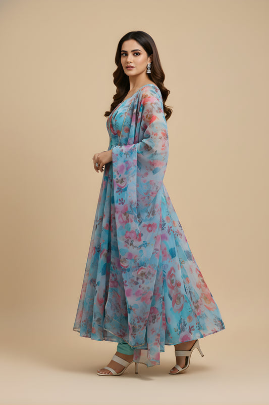 Trendy Sky Blue Floral Printed Readymade Salwar Suit with Flared Kurta and Matching Dupatta