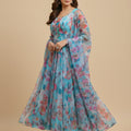 Trendy Sky Blue Floral Printed Readymade Salwar Suit with Flared Kurta and Matching Dupatta