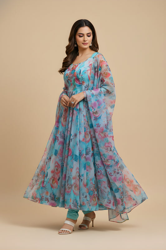 Trendy Sky Blue Floral Printed Readymade Salwar Suit with Flared Kurta and Matching Dupatta