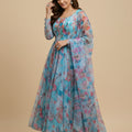 Trendy Sky Blue Floral Printed Readymade Salwar Suit with Flared Kurta and Matching Dupatta
