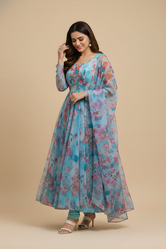 Trendy Sky Blue Floral Printed Readymade Salwar Suit with Flared Kurta and Matching Dupatta