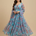Trendy Sky Blue Floral Printed Readymade Salwar Suit with Flared Kurta and Matching Dupatta