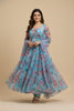Trendy Sky Blue Floral Printed Readymade Salwar Suit with Flared Kurta and Matching Dupatta