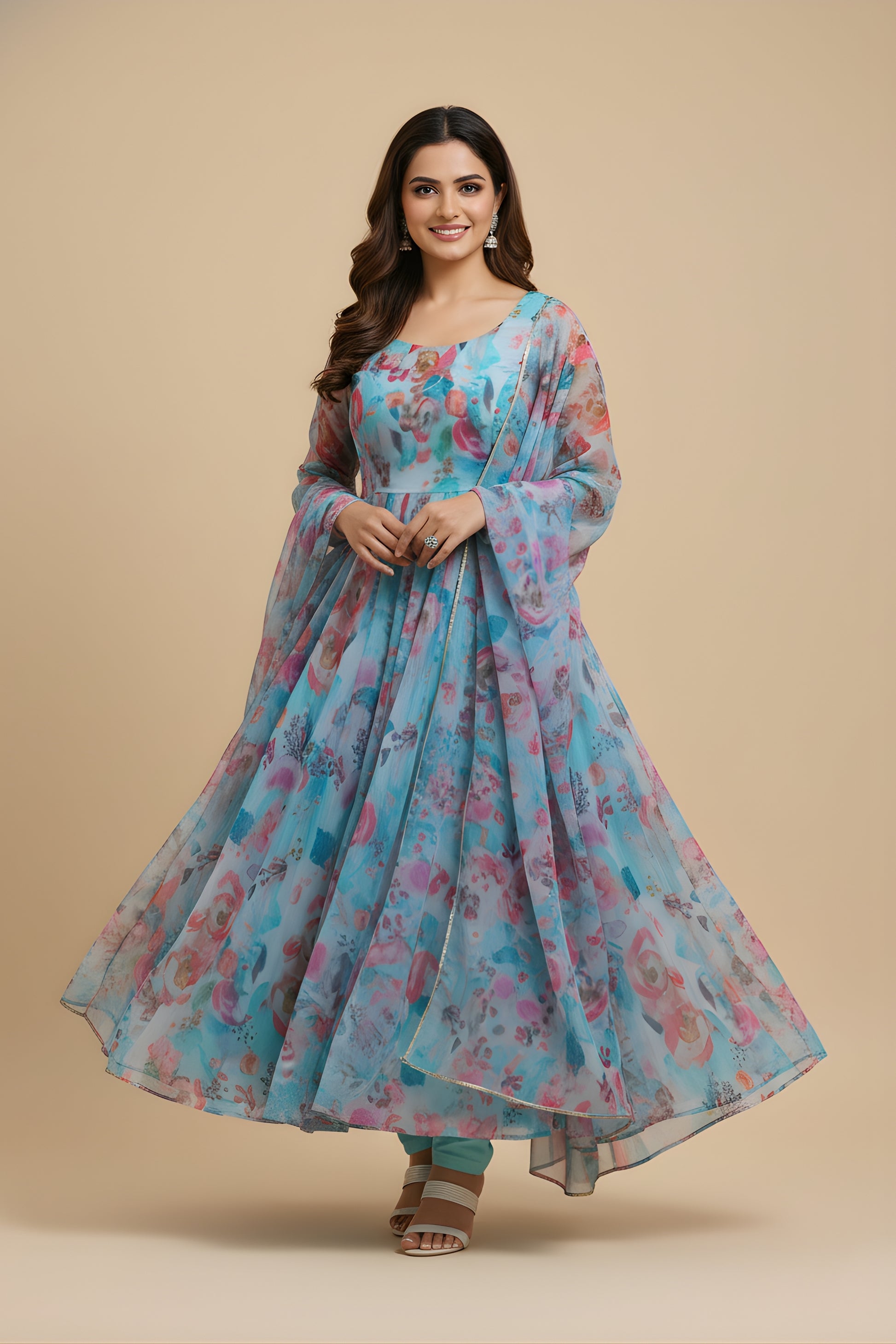 Trendy Sky Blue Floral Printed Readymade Salwar Suit with Flared Kurta and Matching Dupatta
