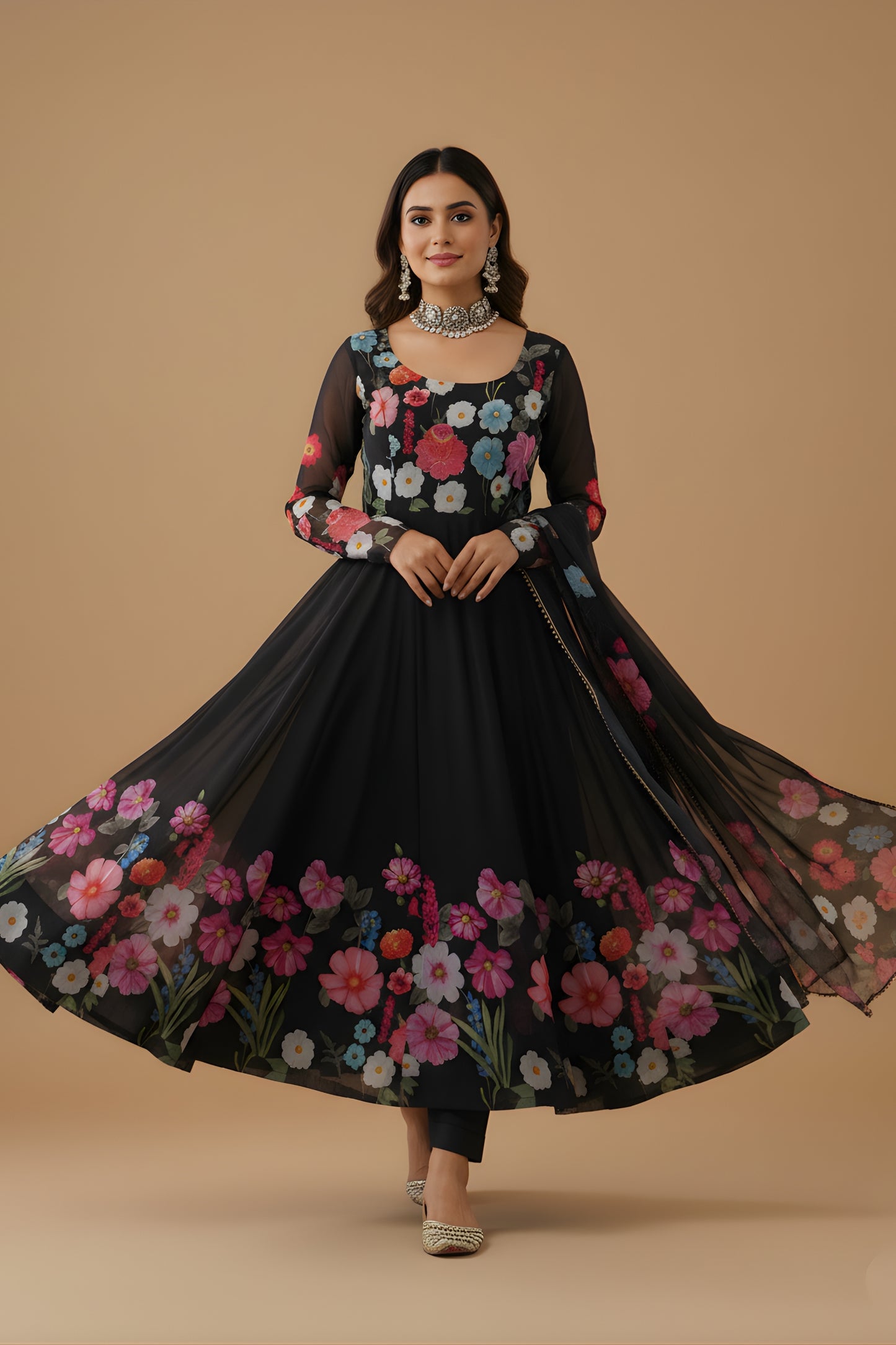 Gorgeous Black Floral Printed Readymade Salwar Suit with Flared Kurta and Matching Dupatta