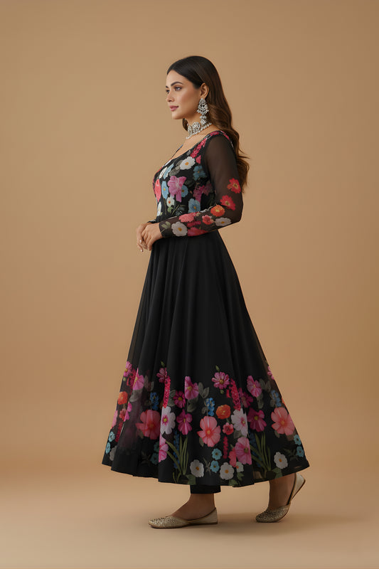 Gorgeous Black Floral Printed Readymade Salwar Suit with Flared Kurta and Matching Dupatta