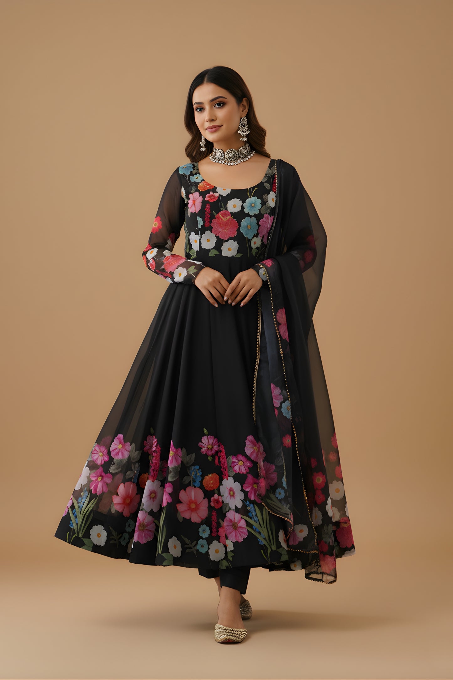 Gorgeous Black Floral Printed Readymade Salwar Suit with Flared Kurta and Matching Dupatta