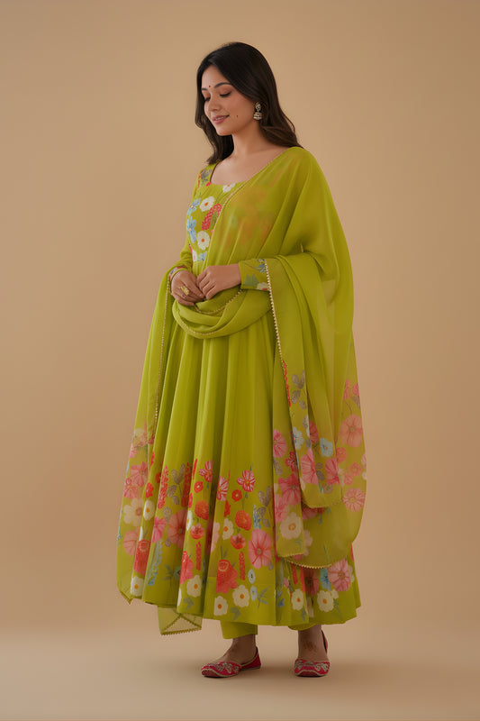 Charming Lime Green Floral Printed Readymade Salwar Suit with Flared Kurta and Matching Dupatta