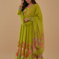 Charming Lime Green Floral Printed Readymade Salwar Suit with Flared Kurta and Matching Dupatta