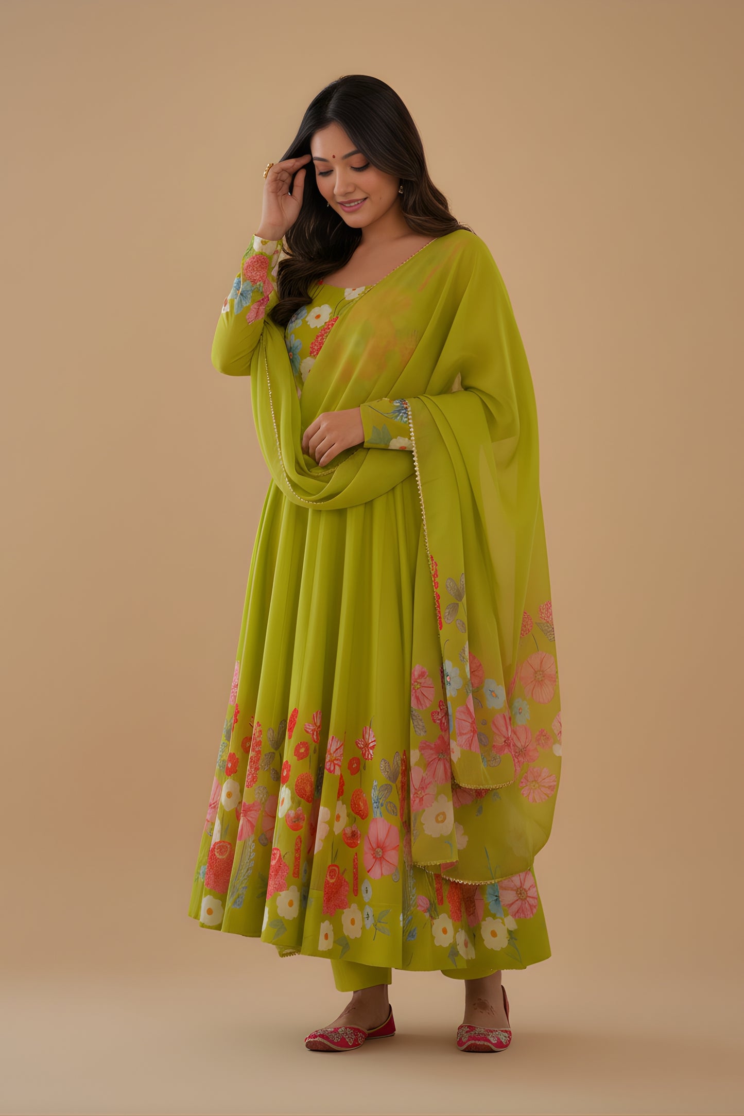 Charming Lime Green Floral Printed Readymade Salwar Suit with Flared Kurta and Matching Dupatta